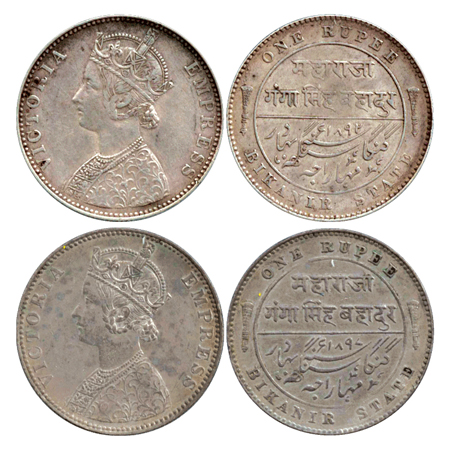 Bikanir, Silver Rupee (2), AD 1892 and AD 1897, Obv: Portrait of Victoria Empress. Rev: le