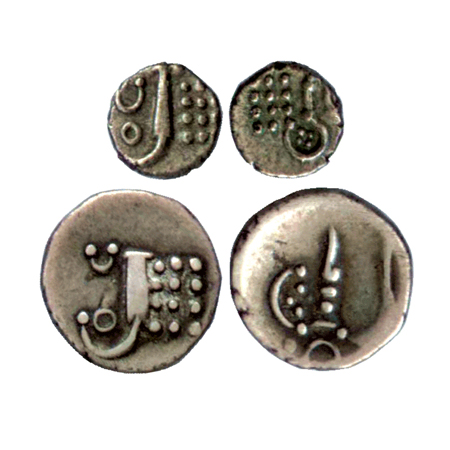 Cochin (2), Silver 1 Puttun and 2 Puttun. Obv: Sun and moon above “Lazy J” and dots, Rev: 