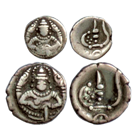 Cochin (2), Silver 1 Puttun and 2 Puttuns. Obv: Garuda seated, Rev: Conch Shell, (KM 5 and