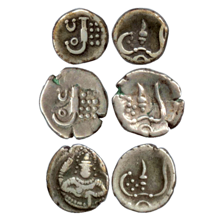 Cochin (3), Silver 2 Puttuns, 2x, Obv: Sun, Moon above “Lazy J” and dots, Rev: Conch Shell