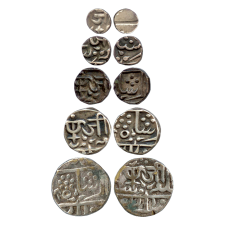 Gwalior (5), Jayaji Rao (1843-1886 AD), Silver 1/16 Rupee, 1/8 Rupee, ¼ Rupee, ½ Rupee and