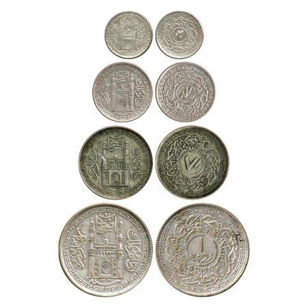 Hyderabad (4), Mir Usman Ali Khan, milled coinage, Half Silver 2 Anna, 4 Anna, 8 Anna and 