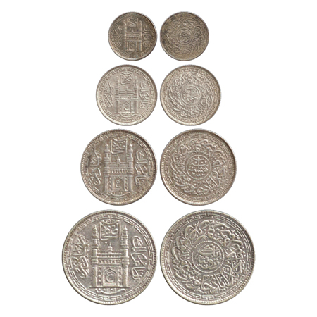 Hyderabad, Mir Usman Ali Khan, Silver 2 Anna, 4 Anna, 8 Anna and Rupee, with full Ain (Y.5