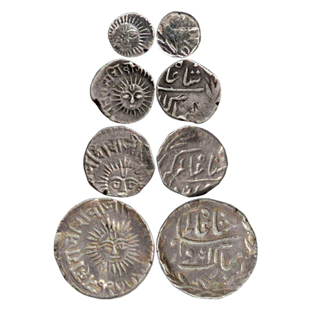Indore (4), Silver 1/8 Rupee, ¼ Rupee, ½ Rupee and Rupee, large Sun type, in the name of S
