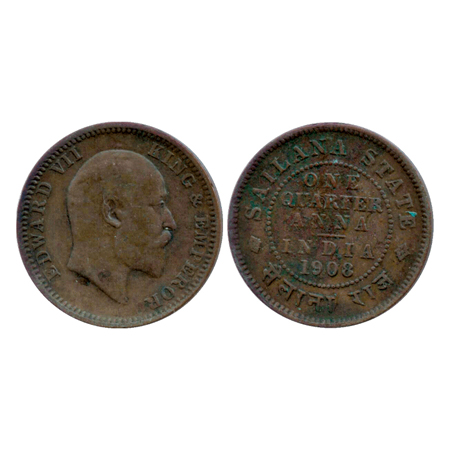 Sailana, Jaswant Singh, (1890-1919 AD), Copper ¼ Anna AD 1908, (KM 15). Very Fine, Scarce.