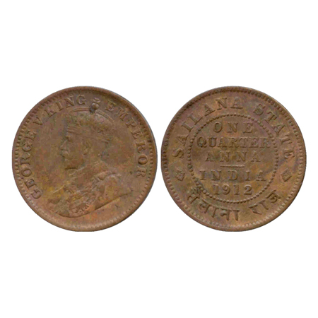 Sailana, Jaswant Singh, (1890-1919 AD), Copper ¼ Anna AD 1912, (KM 16). Very Fine+, Scarce