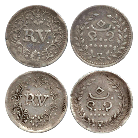 Travancore, Rama Varma IV, (1860-1880 AD), Silver Velli Fanam (2), Large “R.V.” in wreath,