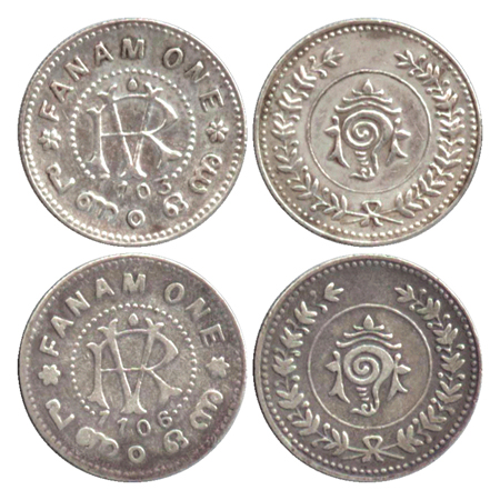 Travancore, Rama Varma VI, (1885 - 1942 AD), Silver Fanam (2), Date ME 1103 and 1106, Obv: