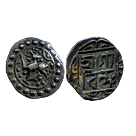 Tripura, Govinda Manikya, (1667-1676 AD), Silver 1/8 Tanka, 1.22g, Obv: lion facing right,