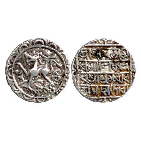 Tripura, Amara manikya (1577-1586 AD), Silver Tanka SE 1499 Obv: lion facing left but smal