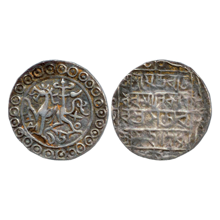 Tripura, Rajadhara Manikya (1586-1599 AD), Silver Tanka SE 1508, Obv: lion facing left Rev