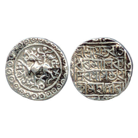 Tripura, Rajadhara Manikya (1586-1599 AD), Silver Tanka, SE1508, Obv: lion facing left Rev