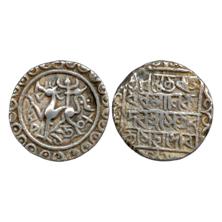Tripura, Rajadhara Manikya (1586-1599 AD), Silver Tanka SE 1508, Obv: lion facing left Rev