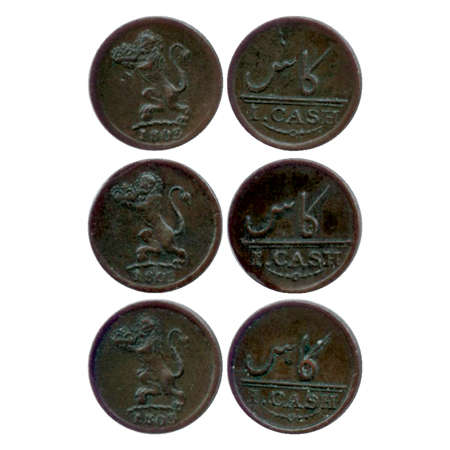 East India Co., Madras Presidency, Copper cash (3), Obv: E.I.Co. Crest, Rev: value in Pers