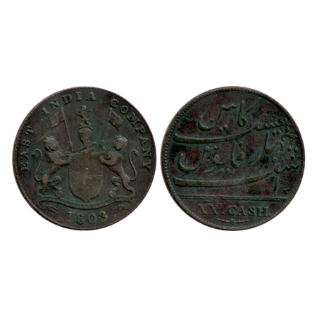 East India Co., Madras Presidency, Copper 20 cash, AD 1803, Obv: E.I.Co arms, Rev: value i