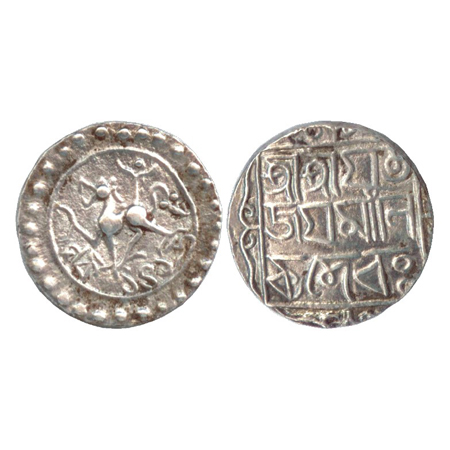 Tripura, Jaya Manikya (1573-1577AD), Silver Tanka, SE 1495. Obv: lion facing left, above o