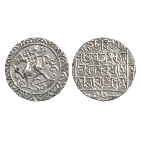 Tripura, Amara Manikya (1577-1586AD) Silver Tanka, SE1503. Obv: lion facing left, pellet a