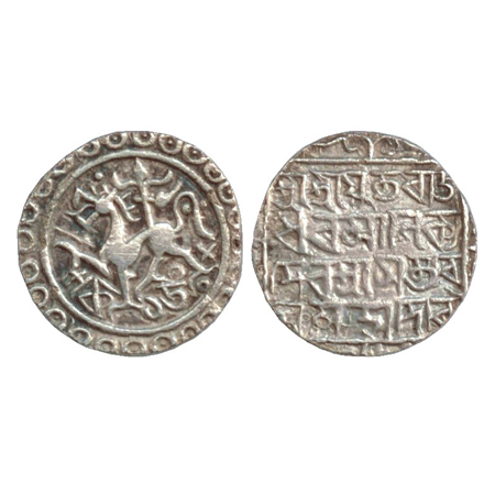 Tripura, Rajadhara Manikya (1586-1599AD), Silver Tanka, SE 1508. Obv: lion facing left, pe