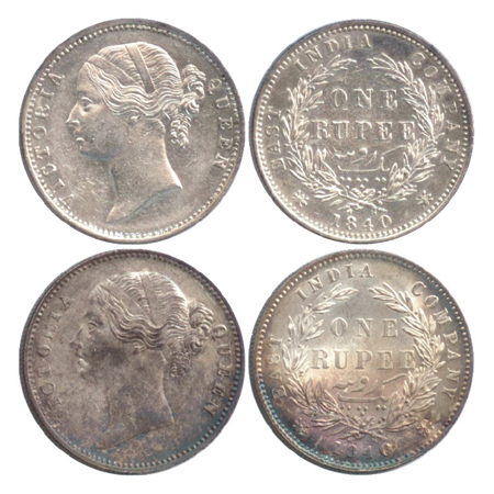Victoria Queen, Divided Legend, Silver Rupee (2) Calcutta Mint, 1840, W.W. raised, 28 berr