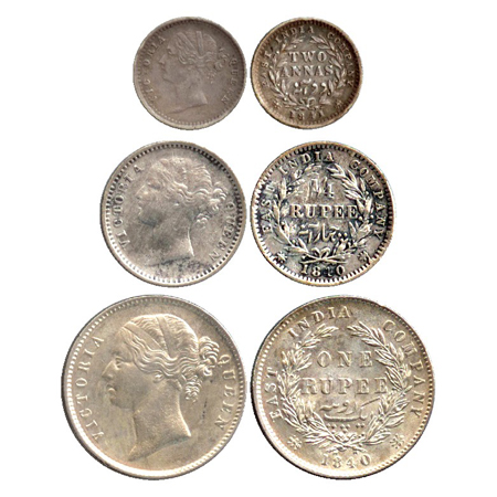 Victoria Queen, Divided Legend, Silver Rupee, ¼ Rupee and 2 Annas 1840-1841, (PR 56, 111 a