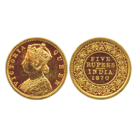 Victoria Queen, Crowned, Gold Five Rupees Proof Calcutta Mint, 1870, (PR 37). Few hair lin