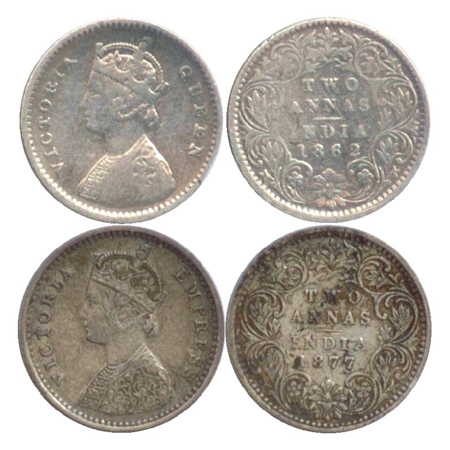 Victoria Queen / Empress, Silver 2 Annas (2), Bombay Mint 1862, A/I, (PR 486), second Bomb