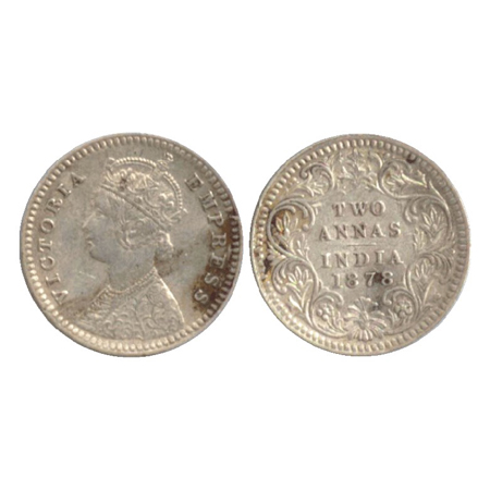 Victoria Empress, Silver 2 Annas, Calcutta mint 1878, B/II/No M.M. (PR 493). Very Fine +, 