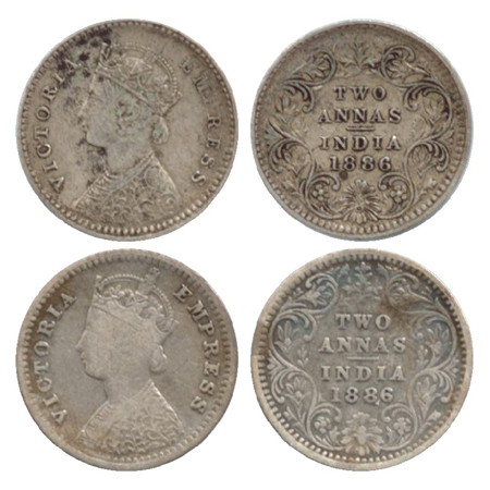 Victoria Empress, Silver 2 Annas (2), Calcutta Mint, 1886, B/II/'C' incused (PR 501), Bomb