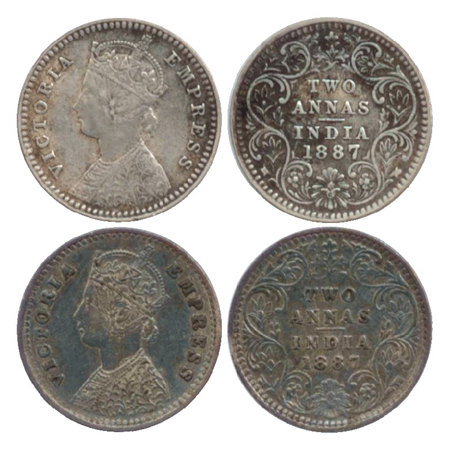 Victoria Empress, Silver 2 Annas (2), Calcutta Mint, 1887, B/II/'C' incused (PR 502), Bomb