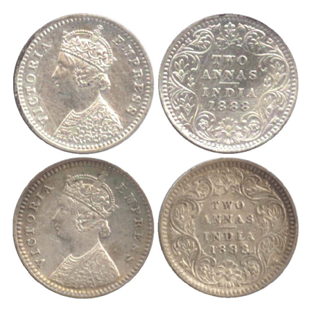 Victoria Empress, Silver 2 Annas (2), Calcutta Mint, 1888, B/II/No. M.M. (PR 503), Bombay 