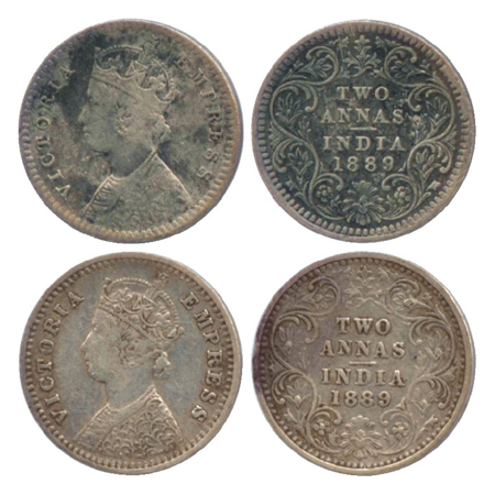 Victoria Empress, Silver 2 Annas (2), Calcutta Mint, 1889, B/II/'C' incused (PR 504), Bomb