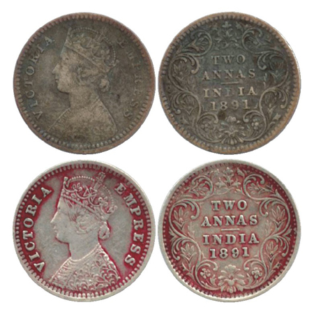 Victoria Empress, Silver 2 Annas, (2) Calcutta Mint, 1891, B/II/'C' incused (PR 506), Bomb