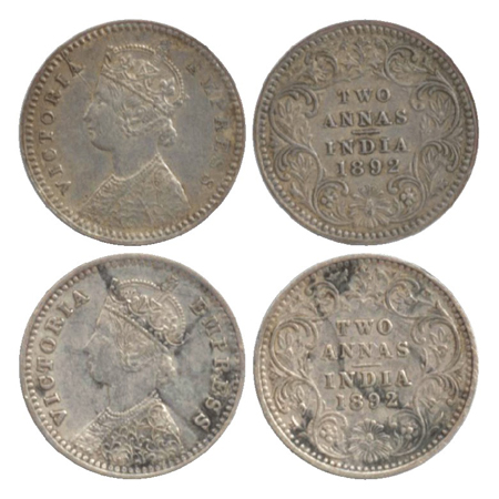 Victoria Empress, Silver 2 Annas (2), Calcutta Mint, 1892, B/II/'C' incused (PR 507), Bomb