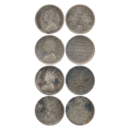 Victoria Empress, Silver 2 Annas (4), Calcutta Mint, 1893, 1894, 1895, All B/II/'C' incuse