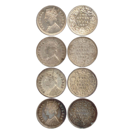 Victoria Empress, Silver 2 Annas (4), Calcutta Mint, 1897, 1898, both B/II/'C' incused (PR