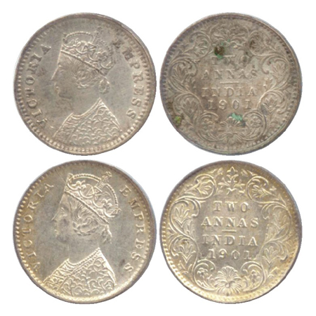 Victoria Empress, Silver 2 Annas (2), Calcutta Mint, 1901, B/II/'C' incused (PR 515), Bomb