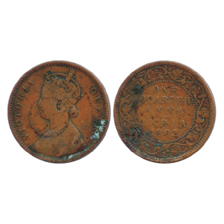 Victoria Queen, Copper ¼ Anna, Bombay Mint, 1862, dot below date (PR 603). About Very Fine