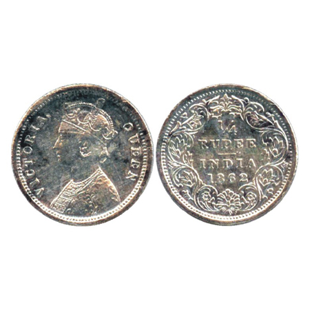 Victoria Queen, Silver ¼ Rupee, Madras Mint, 1862, error variety numeral 1 replacing the f