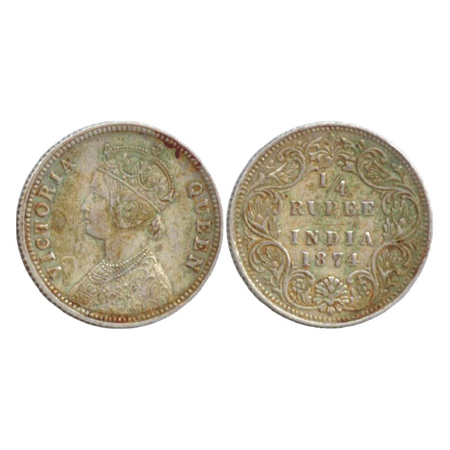 Victoria Queen, Silver ¼ Rupee, Calcutta Mint, 1874, A/I/no mm (PR 379). Very Fine +, Rare
