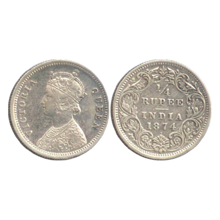 Victoria Queen, Silver ¼ Rupee, Bombay Mint, 1874, A/I/dot (PR 405). About Extremely Fine,