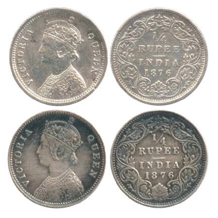 Victoria Queen, Silver ¼ Rupee (2), Calcutta and Bombay Mint, 1876, A/I/no M.M. (PR 381, 4