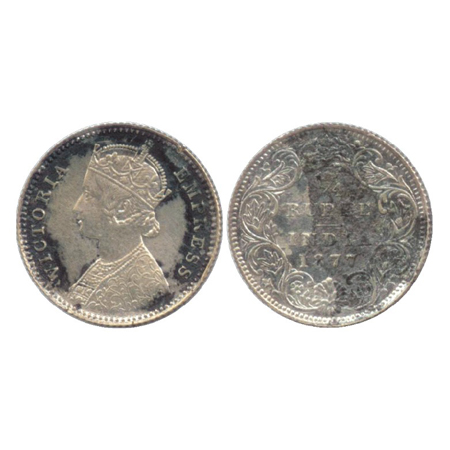 Victoria Empress, Silver ¼ Rupee, Calcutta Mint, 1877, B/I/no M.M. (PR 382). About Extreme