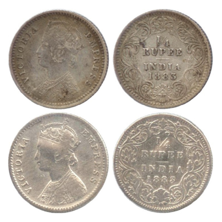Victoria Empress, Silver ¼ Rupee (2), Calcutta Mint, 1883, C/II/'C' incused (PR 388), Bomb