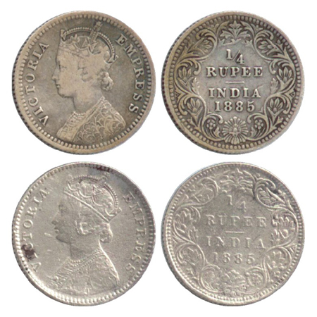Victoria Empress, Silver ¼ Rupee (2), Calcutta Mint, 1885, C/II/'C' incused (PR 390), Bomb