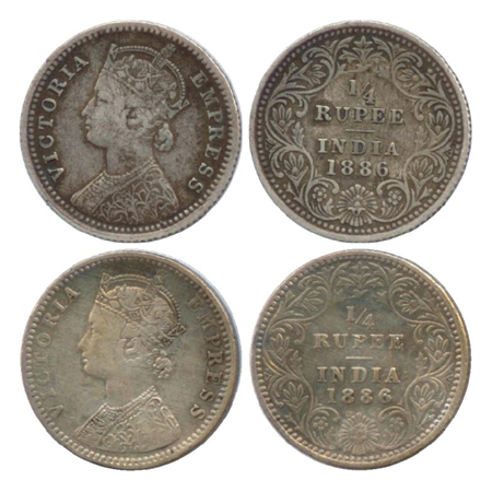 Victoria Empress, Silver ¼ Rupee (2), Calcutta Mint, 1886, C/II/'C' incused (PR 391), Bomb
