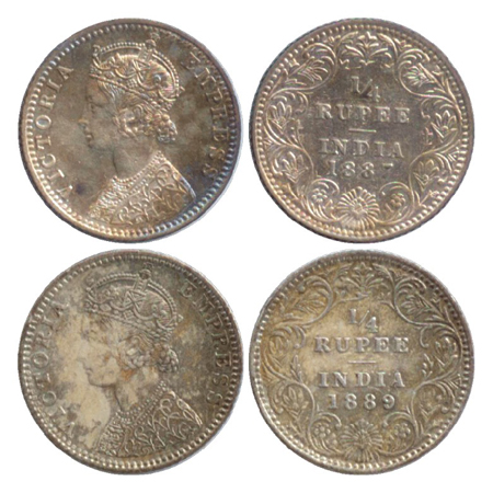 Victoria Empress, Silver ¼ Rupee (2), Bombay Mint, 1887, C/II/'B' raised (PR 420), Bombay 