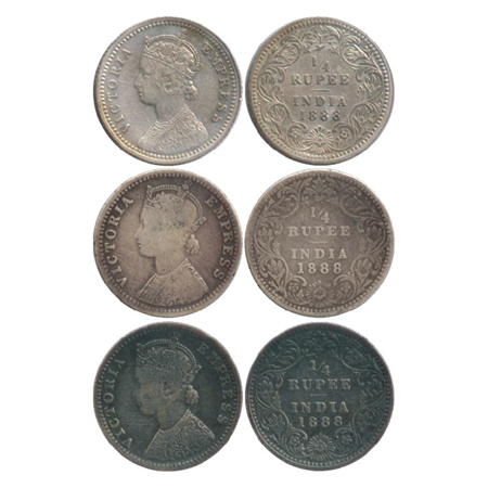 Victoria Empress, Silver ¼ Rupee(3), Calcutta Mint, 1888, C/II/no M.M. (PR 393), Bombay Mi