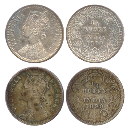 Victoria Empress, Silver ¼ Rupee (2), Calcutta Mint, 1890, C/II/'C' incused (PR 395), Bomb