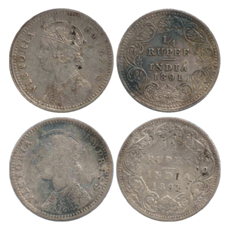 Victoria Empress, Silver ¼ Rupee (2), Calcutta Mint, 1891, C/II/'C' incused (PR 396), Bomb