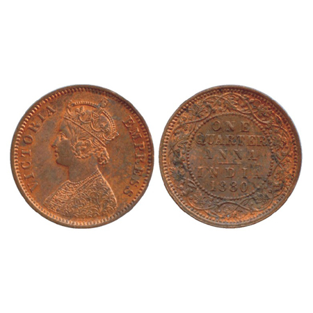 Victoria Empress, Copper ¼ Anna, Calcutta Mint, 1880, B/II/'C' incused (PR 614). UNC, Rare